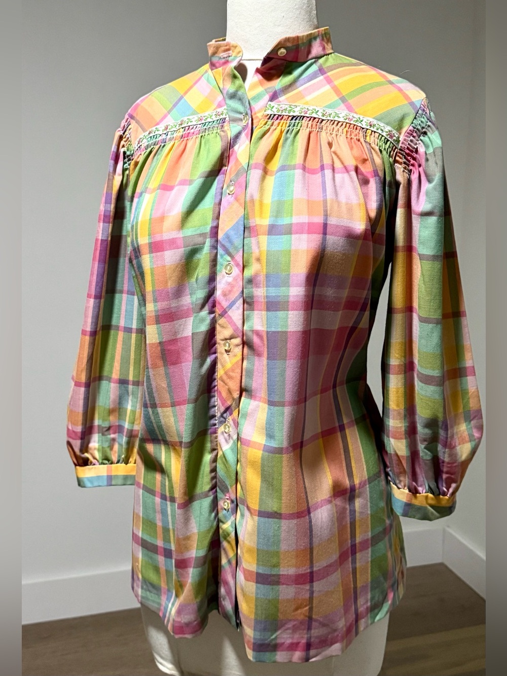 Vintage 70s 80s Handmade Pastel Plaid Prairie Smock Top Tunic Floral Trim L